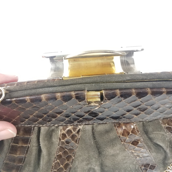 Vintage Dark Moss Green Suede Brown Snakeskin Purse - Picture 4 of 10